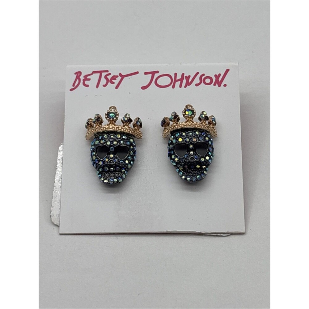 Betsey Johnson King Crown Sugar Skull Blue Iridescent Rhinestone Earrings NWOB
